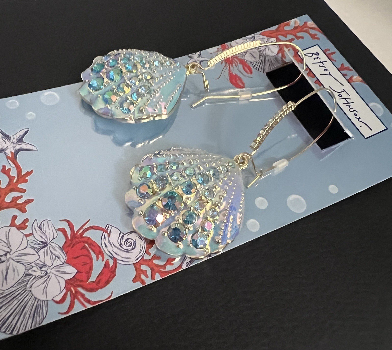 Betsey Johnson Earrings Iridescent Seashell Mermaid Drop NWT Crystal Dangle