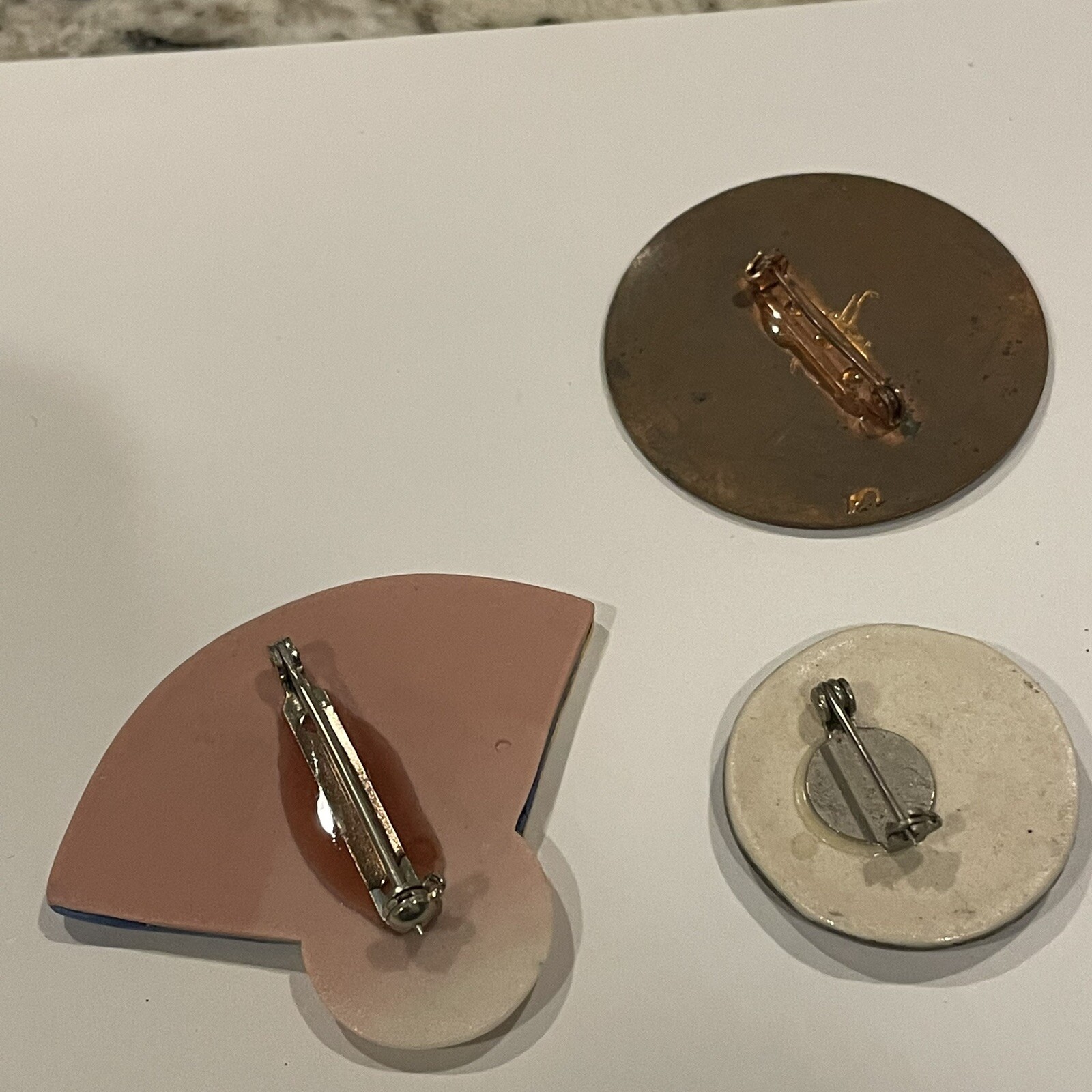 Lot Of 3 Handmade Handcrafted Brooch Pins Ceramic / Enameled Metal Etc