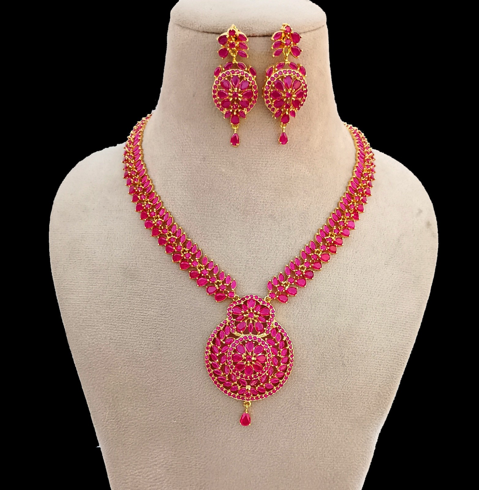 Long Ruby Necklace Set 22K Gold Plated July Birthstone Jewelry Anniversary Gift