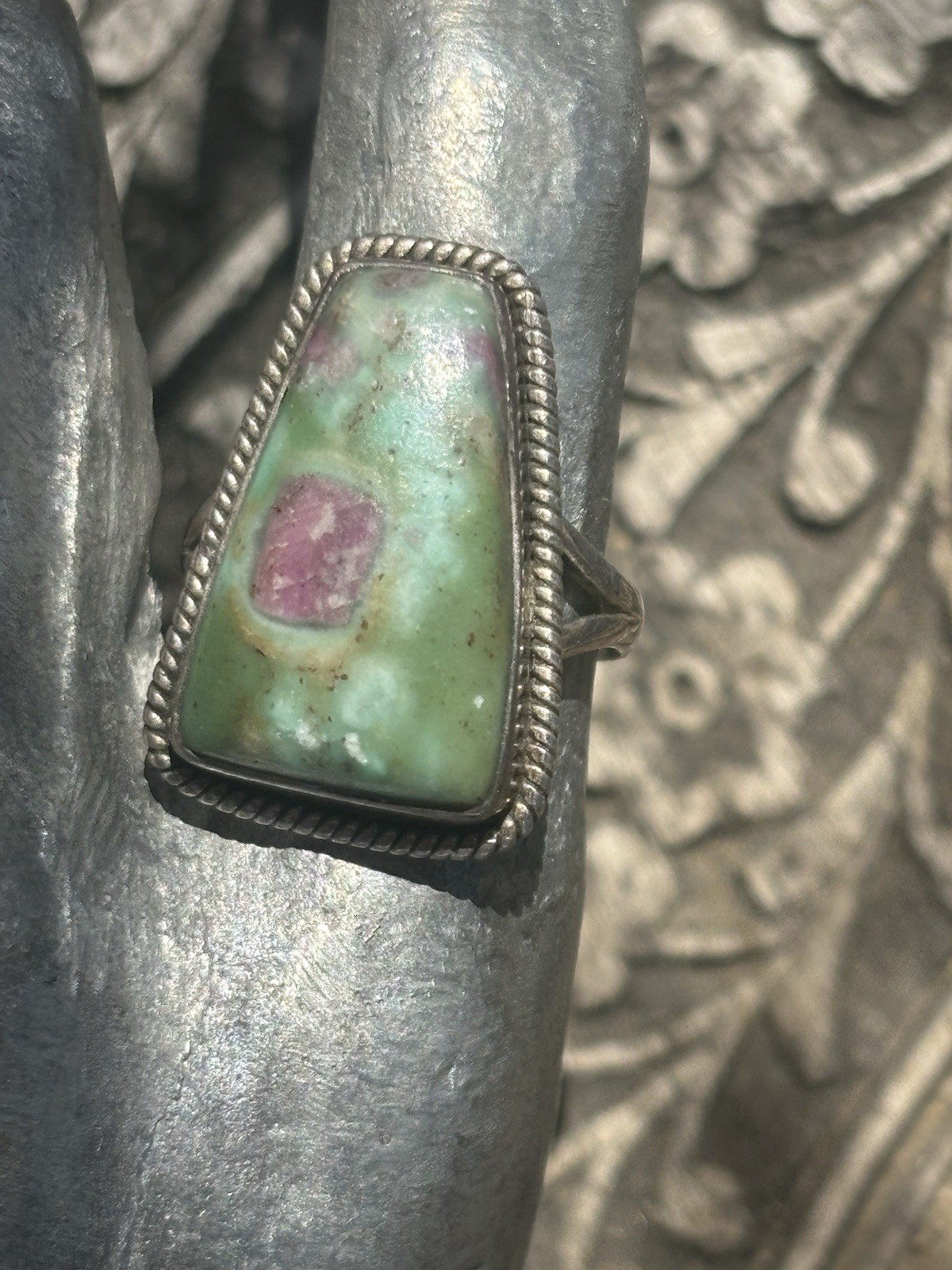 Handmade sterling silver Ruby in fuschite gemstone bezel set ring size 6.5