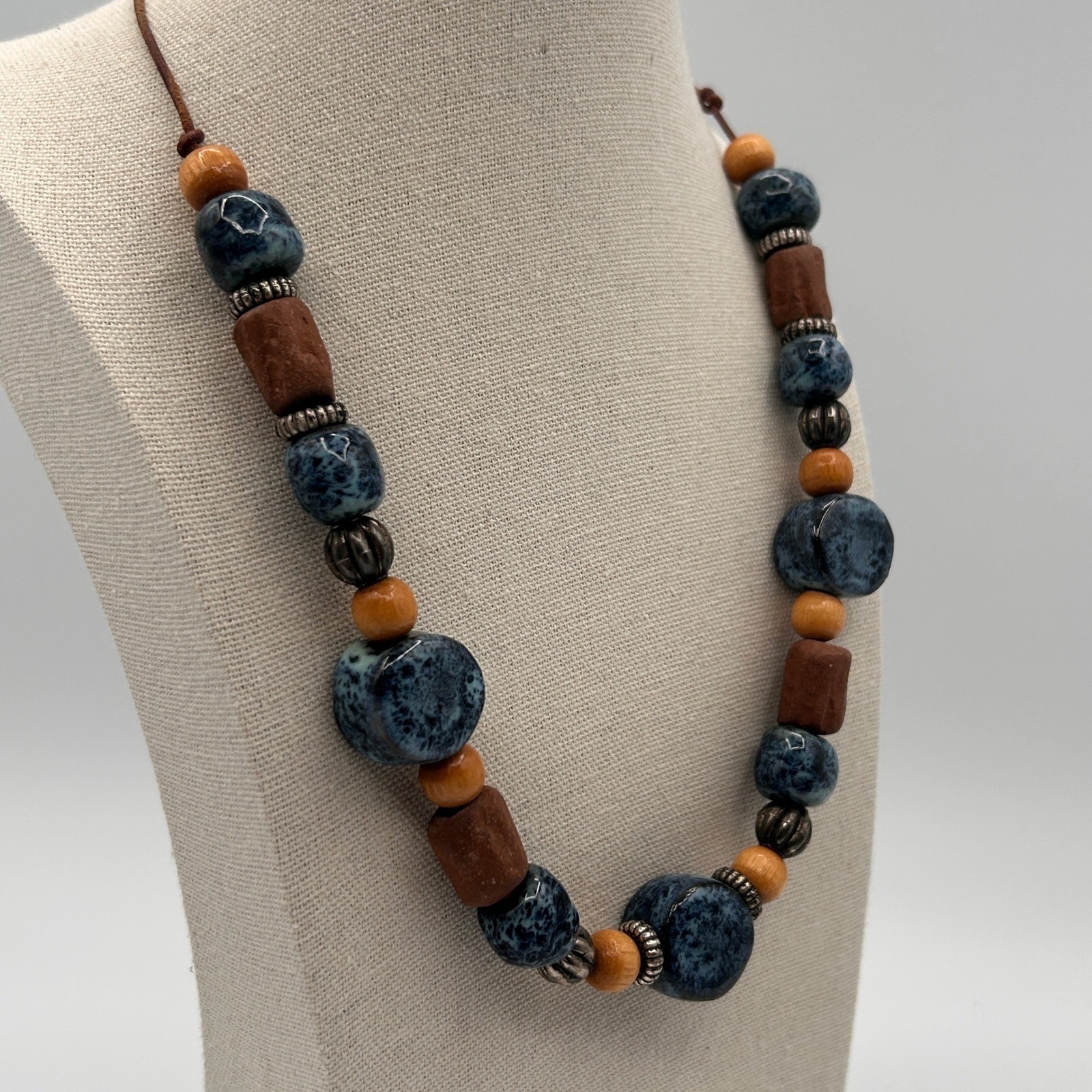 Boho Adjustable Cord Necklace Blue Ceramic Wood Clay Beads Artisan Style