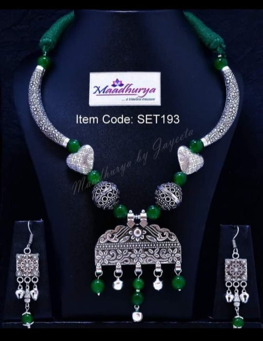 Oxidised Jewellery Silver Colour Choker Pipe Necklace with Earrings