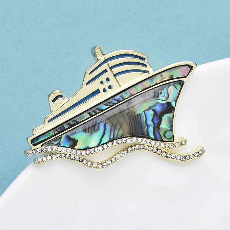 2pcs Scooter Dog & Cruise Ship Brooch Pin Set Crystal Enamel Travel Jewelry