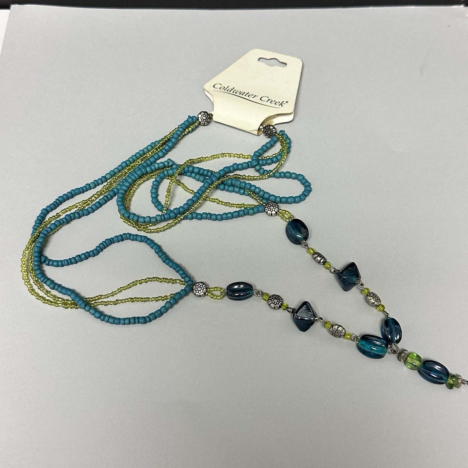 Coldwater Creek Beaded Necklace Silver Tone Green Blue Glass Beads Long Length