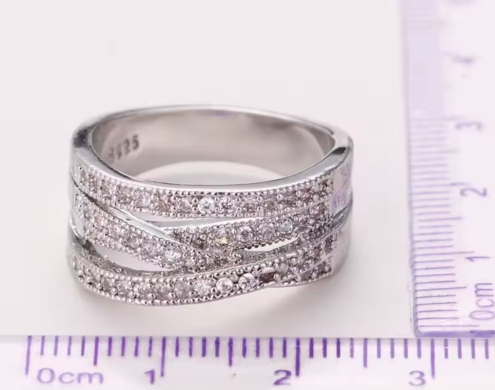 S925 Sterling Silver Multi-Row Pave White CZ Band Ring 12mm Size 9
