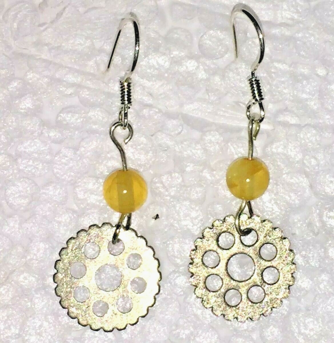 Spokes, yellow stones, hook earrings, stone, new unisex jewelry, Steampunk cogs