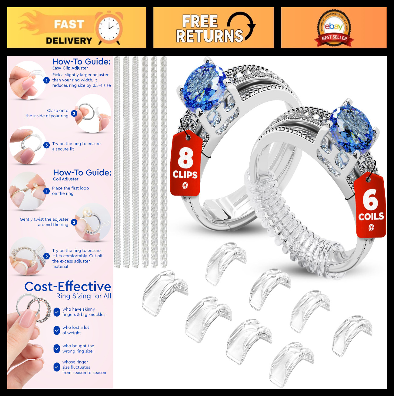 Adjustable Ring Sizers – 8 Clip & 6 Coil Adjusters, Ring Guards for Loose Rings