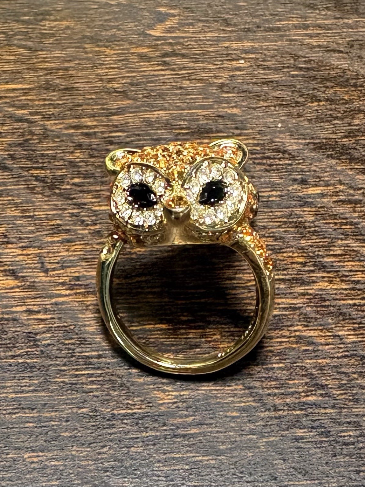 Gold Tone Fox Wrap Cocktail Ring Adjustable Amber Black Round Crystal Accents