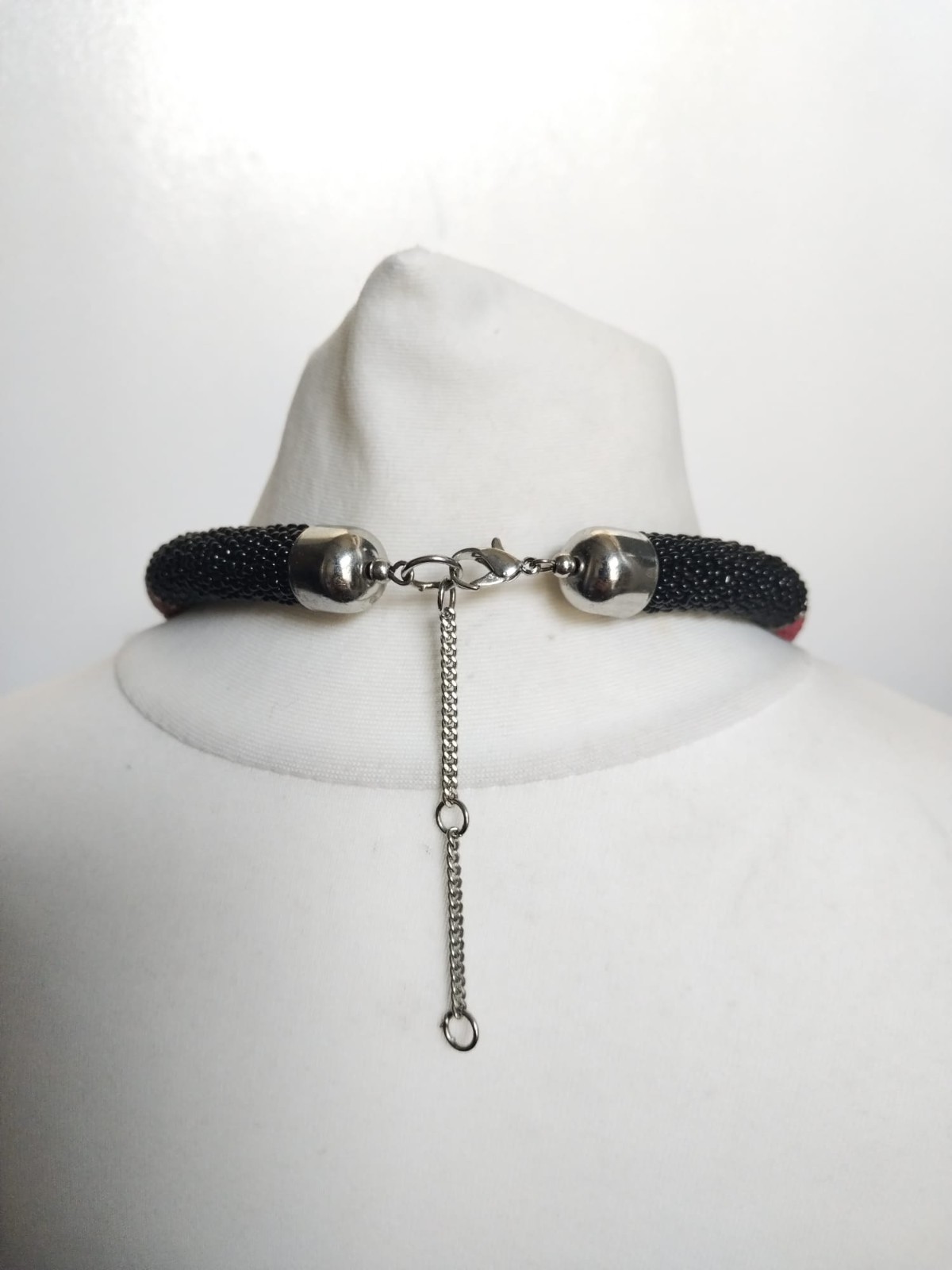 Pink Beige Black Silver Tone Beaded Thick Spring Tube Boho Necklace