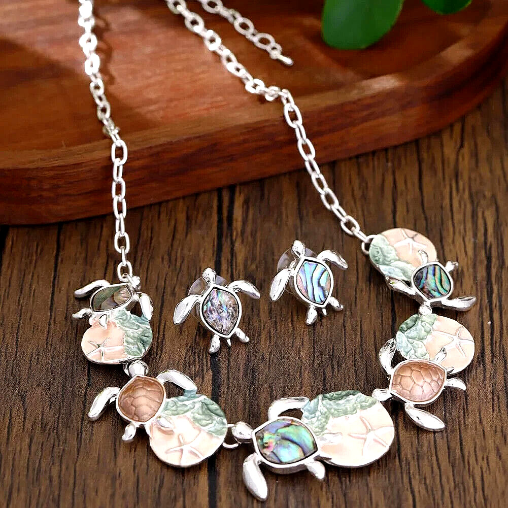 AVIANNA ABALONE SHELL OCEAN LIFE DESIGNER ENAMEL TURTLE NECKLACE & EARRING SET