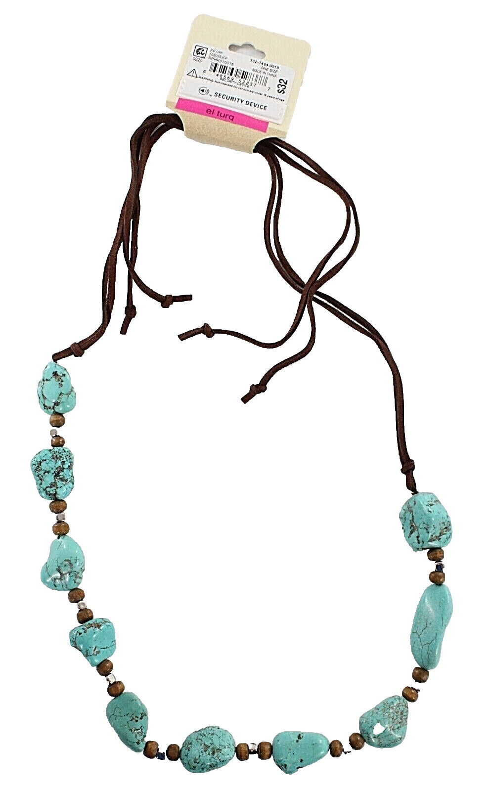 Erica Lyons Imitation Leather Necklace with Turquoise Stones $32 Tags #N2385