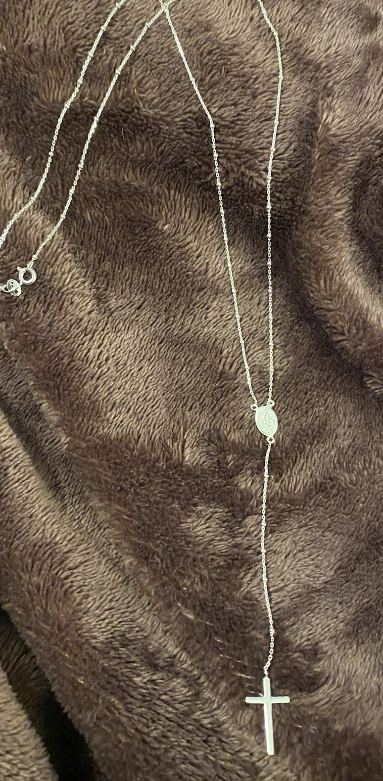 Solid silver Cross Rosary Pendant Necklace, Spring Ring beaded chain beautiful