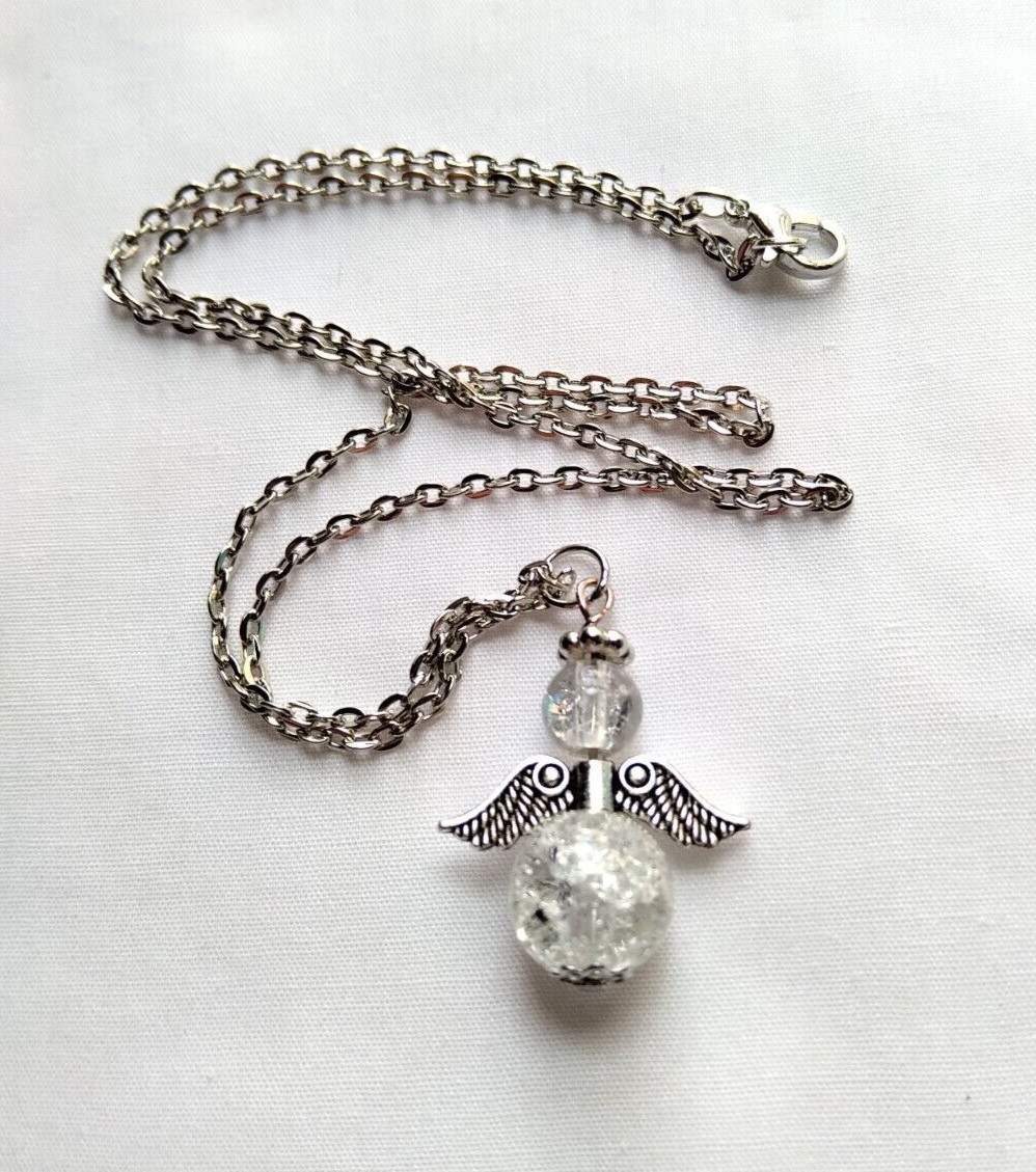 Angel Necklace Handmade Pendant Clear Crackle Glass Stainless Steel Chain Simple
