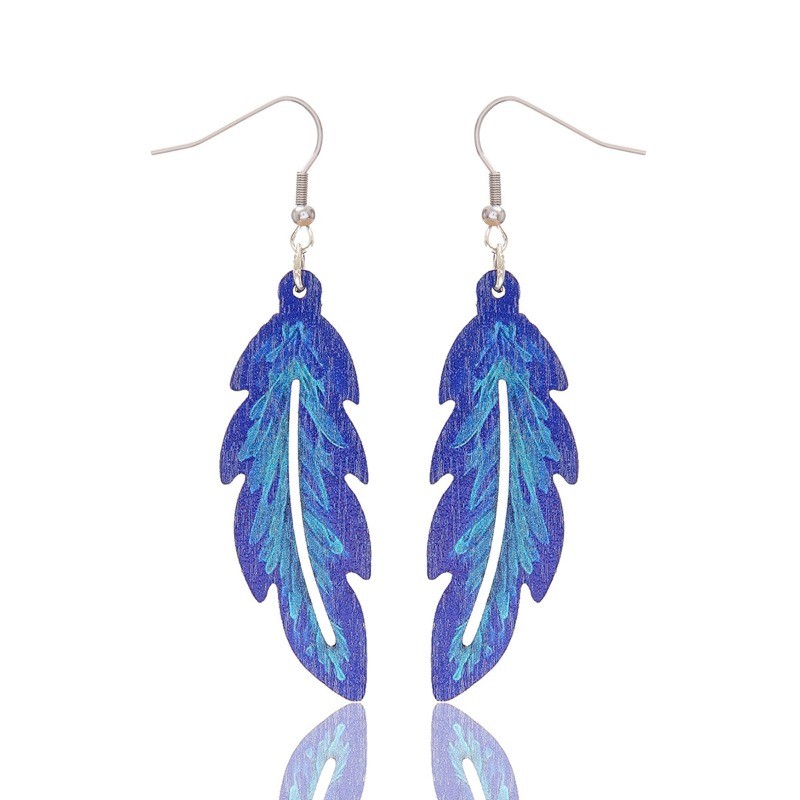 Women’s Retro Pendant Earrings New Bohemian Blue Wooden Feather Shape Eardrop