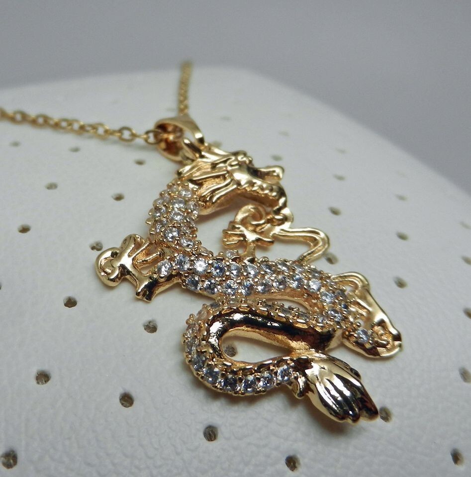 Chinese Lunar New Year Gold Tone With Faux Diamonds Dragon Pendant 18″ Necklace