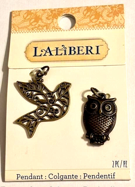Set of 2 Laliberi Pendants Dove/Bird and Owl bronze color metal 2013 jewelry