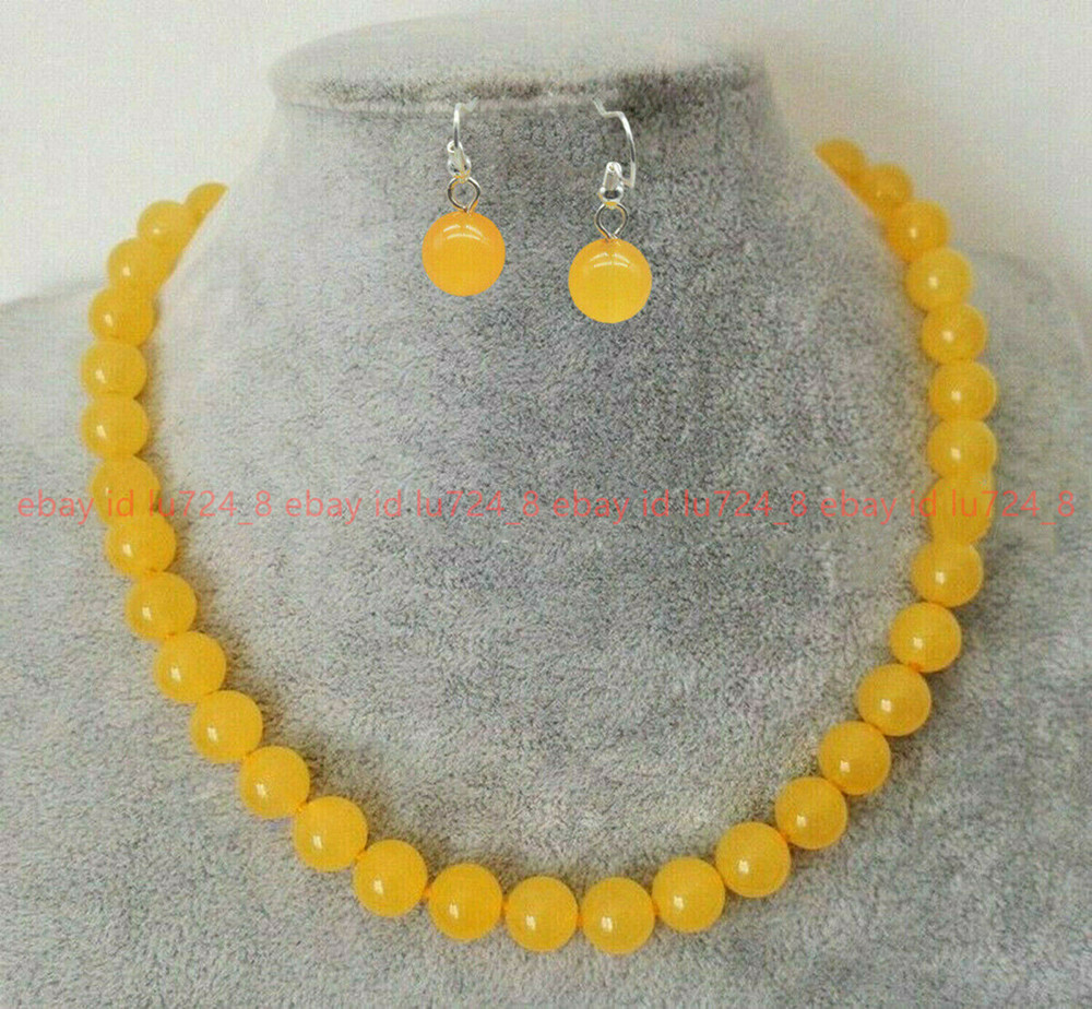 6/8/10mm Natural Yellow Jade Round Gemstone Beads Necklace Earrings Set AAA 18″
