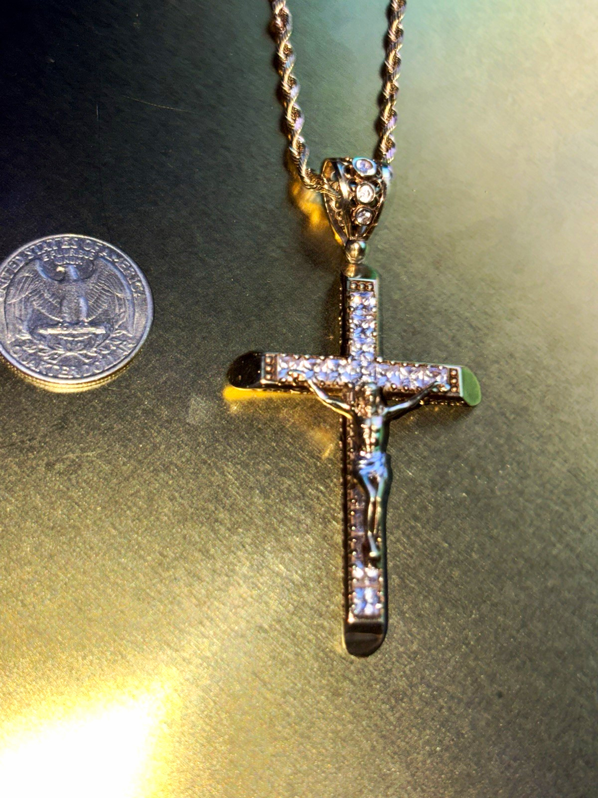 Silver Tone Crucifix Cross Pendant Necklace Rope Chain Crystal Religious
