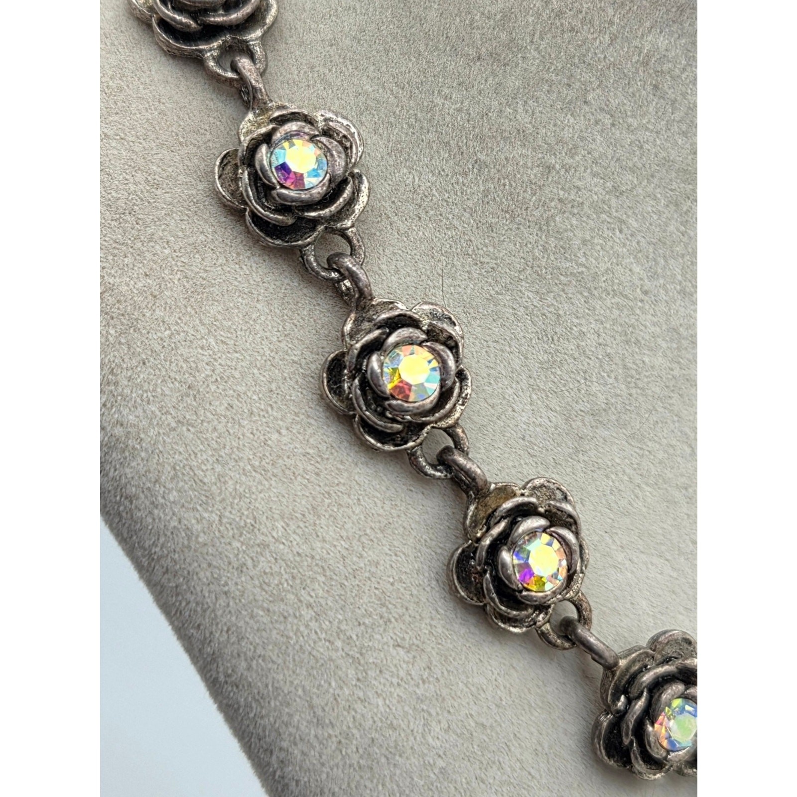 Premier Designs Antiqued Silvertone Rose Link Necklace AB Rhinestones 18″