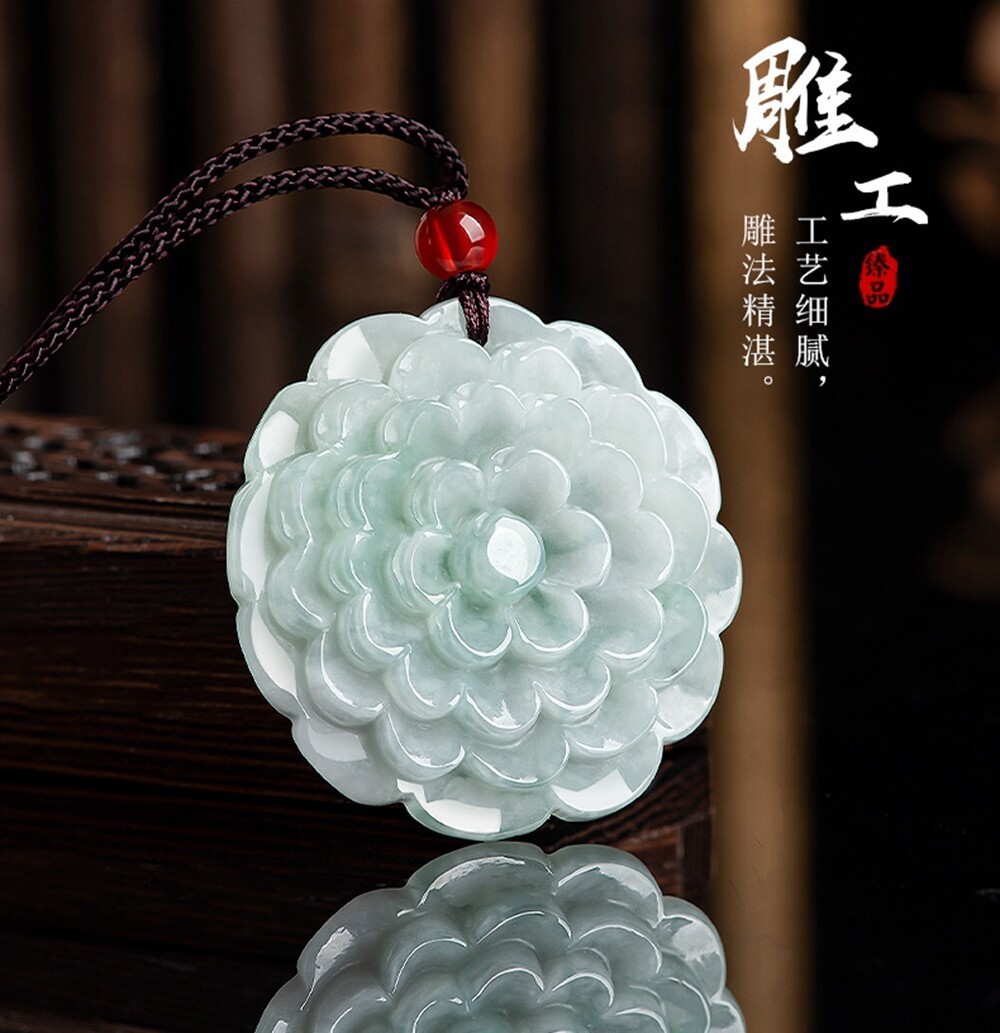 Certified Green Burma Natural Grade A Jade jadeite Peony Flower Pendant Necklace