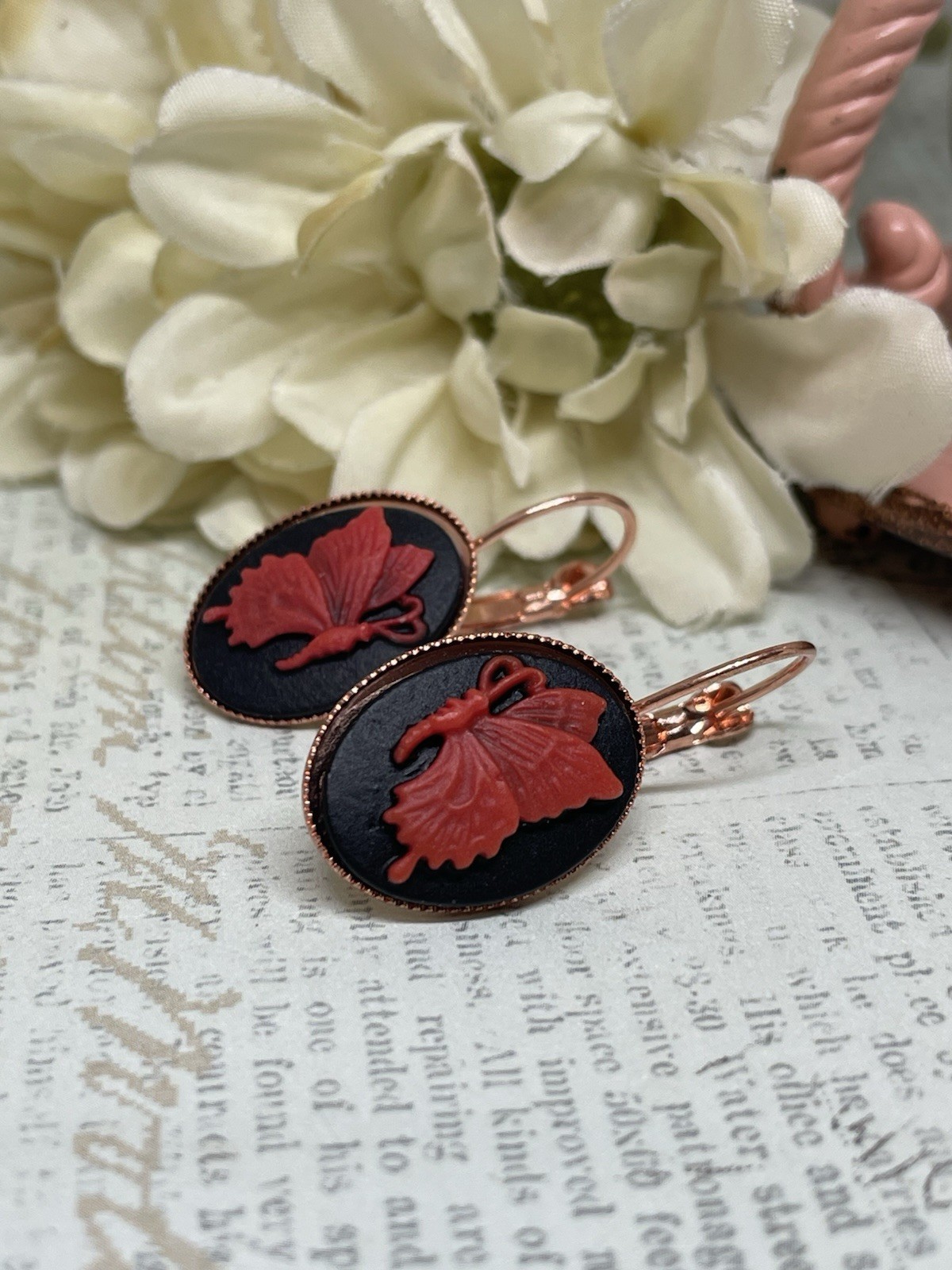 Rose Gold Black Red Butterfly Wire Earrings Wedding Birthday Anniversary Cameo