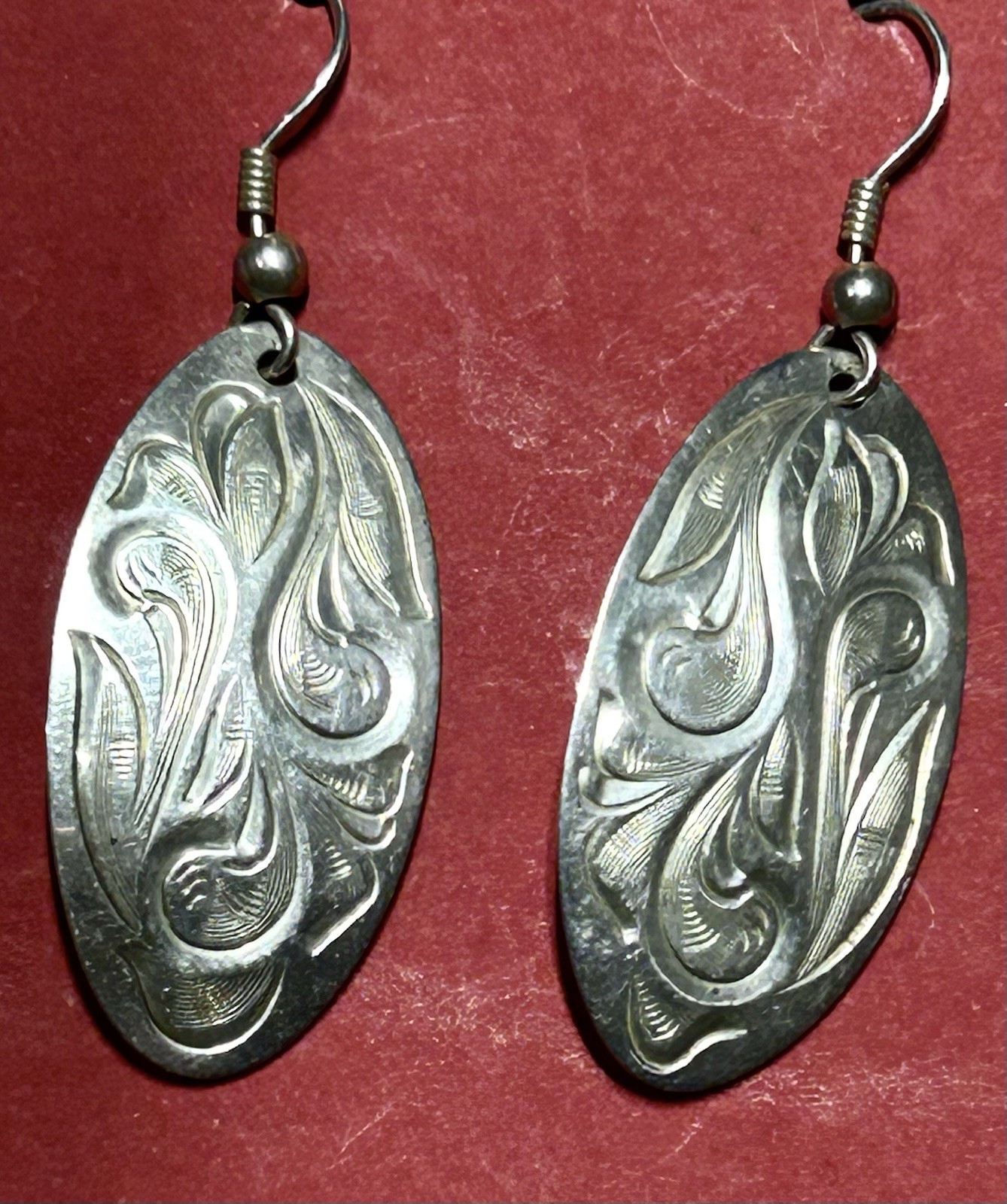 Sterling Signed B Western Floral Hand Engraved Dangle Earrings 6.31 Gr. 1.75”
