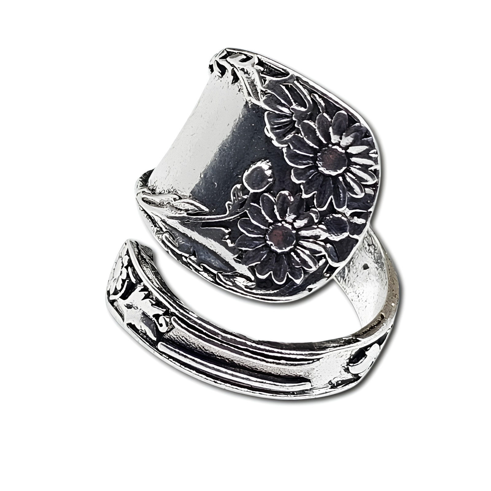 Daisy Flower Ring Spoon Wrap Round Adjustable s925 Silver Ring Metal Jewellery