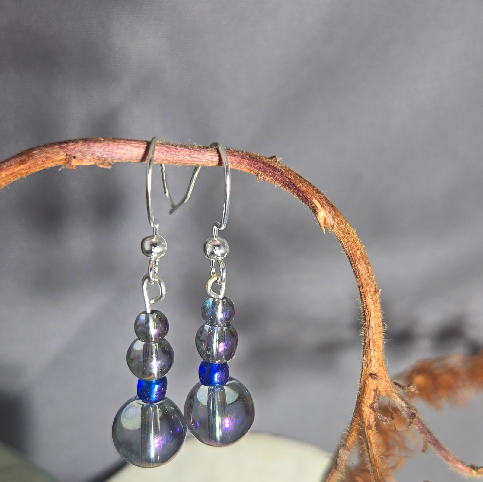 Blue & Gray Glass Round Beaded Dangle Drop Earrings Silver Tone Hook Closure