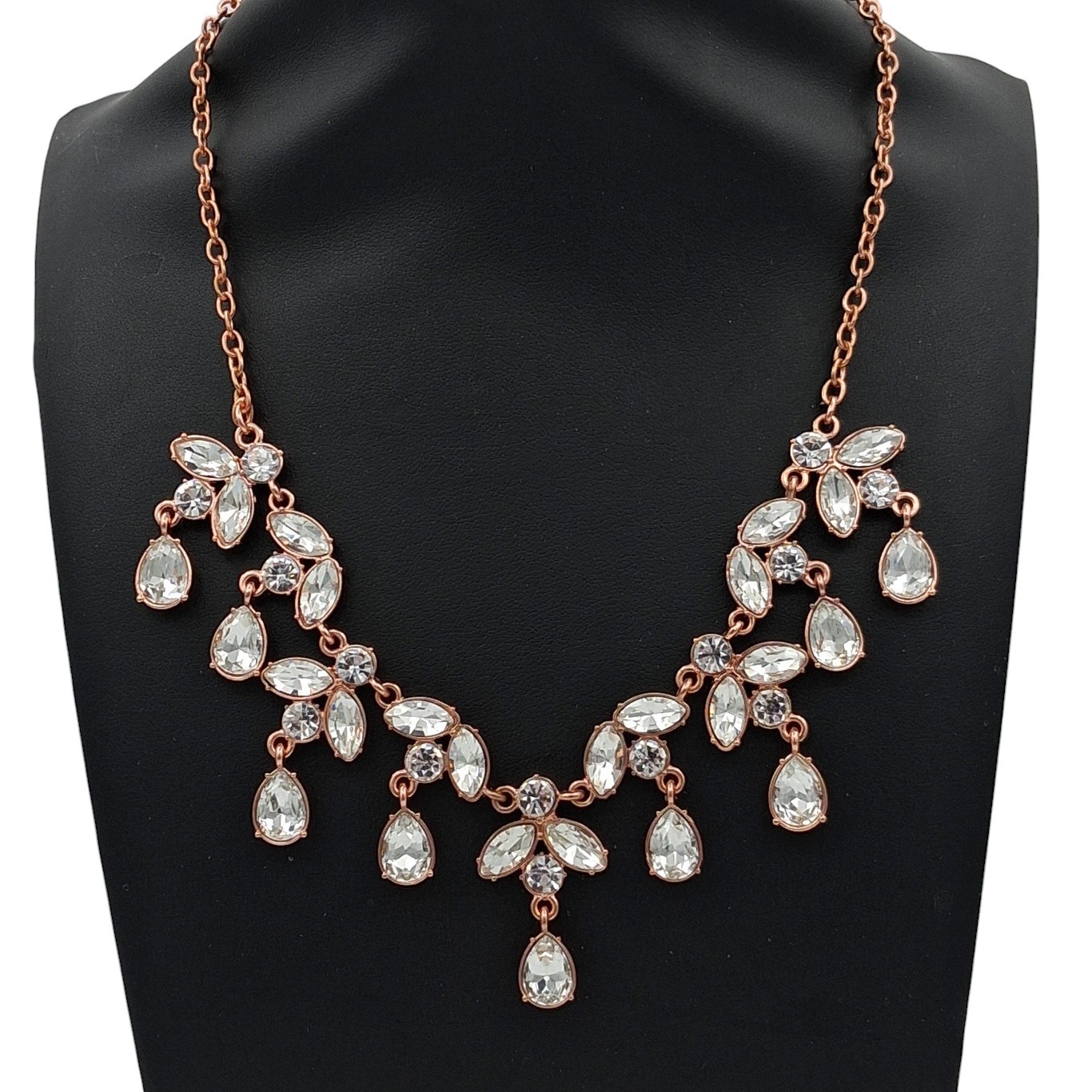 Rose Gold Tone Rhinestone Bib Necklace 18-20.5″ Statement Bridal