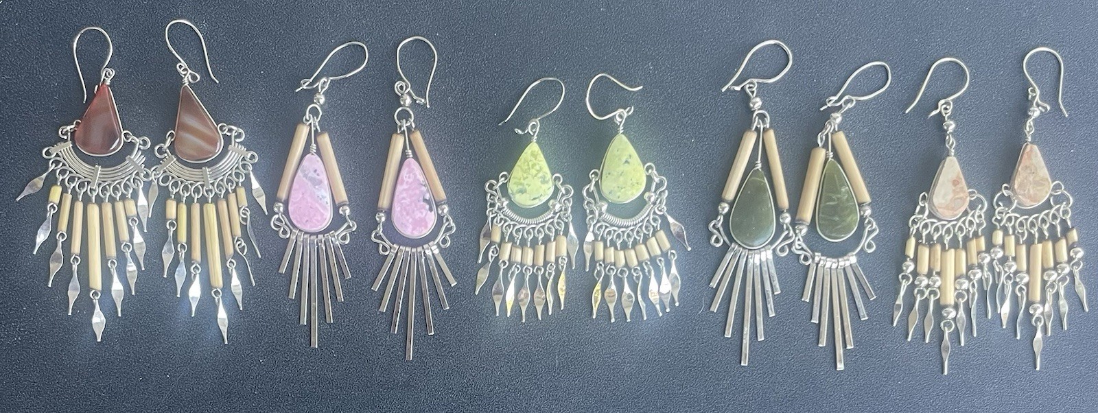 5 Pairs Peruvian Semi-Precious Stone Bamboo Earrings Handmade Lot Peru Boho