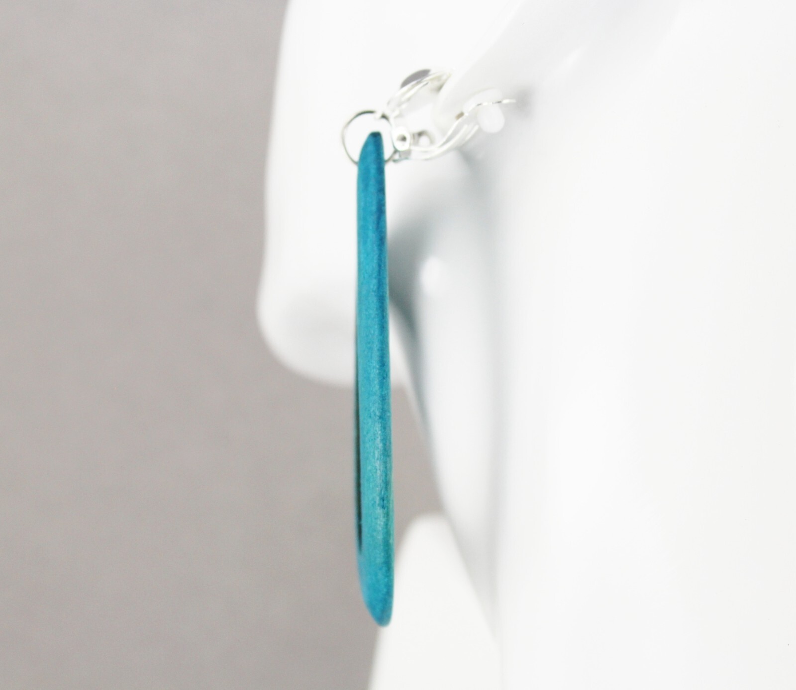 Teal Green Big Clip On wood earrings oval teardrop pendant clips 3.5″ long