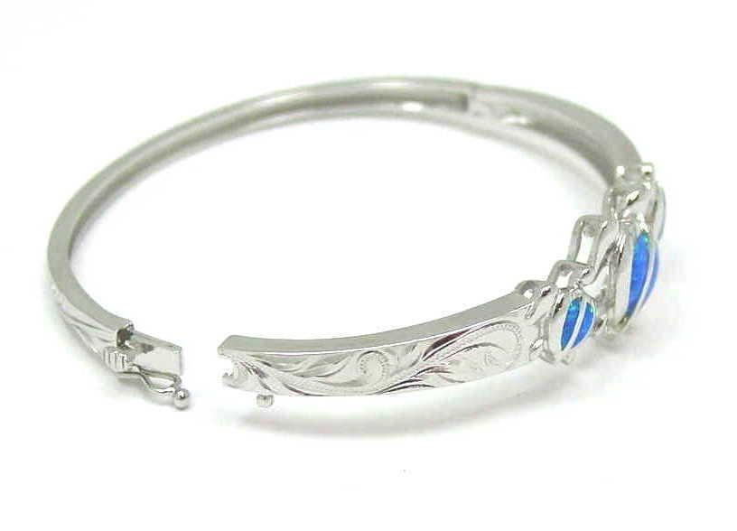 INLAY OPAL HAWAIIAN HONU TURTLE SCROLL BANGLE BRACELET SOLID 925 STERLING SILVER
