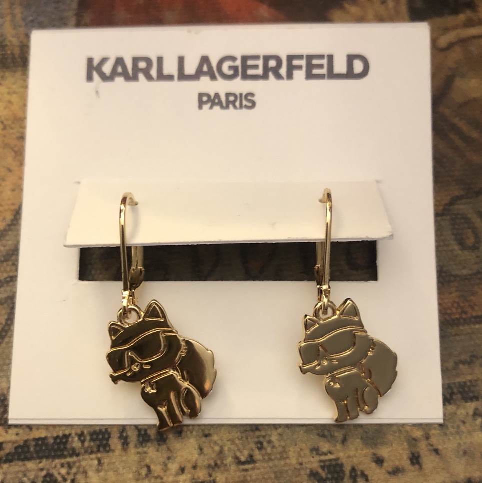 Karl Lagerfeld Polished Gold Tone Choupette Wearing Sunglasses Drop Earrings NWT