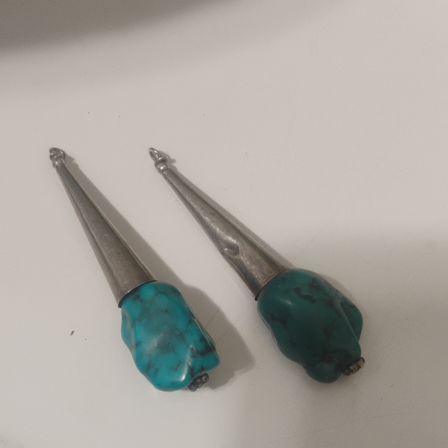 Silver Tone Cone Dangle/Drop Earrings Blue Turquoise Nugget Stone