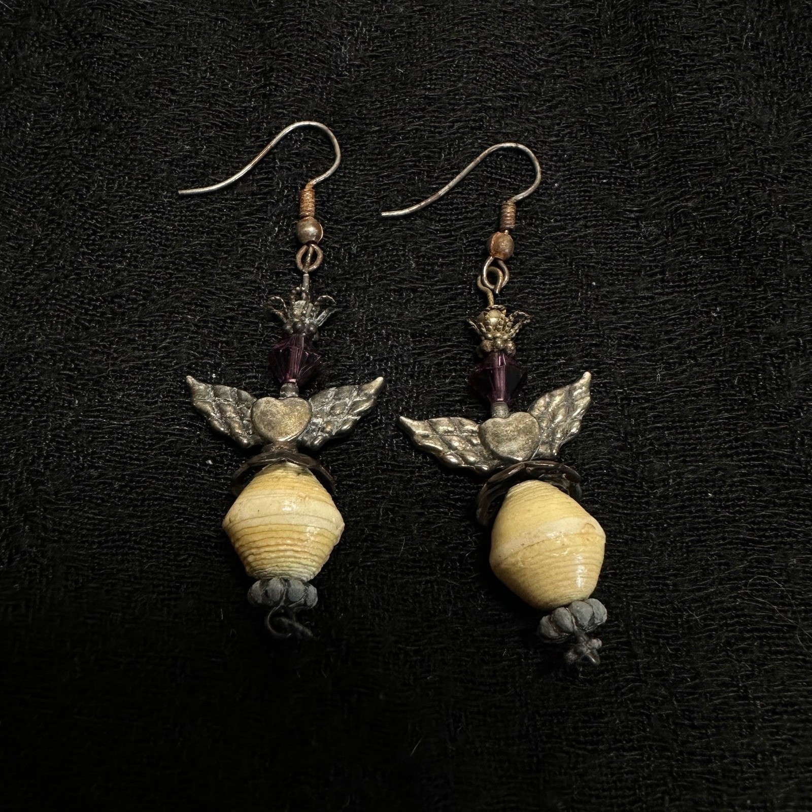 Angel Drop Earrings Cream Antiqued Silver Tone Purple Whimsigoth