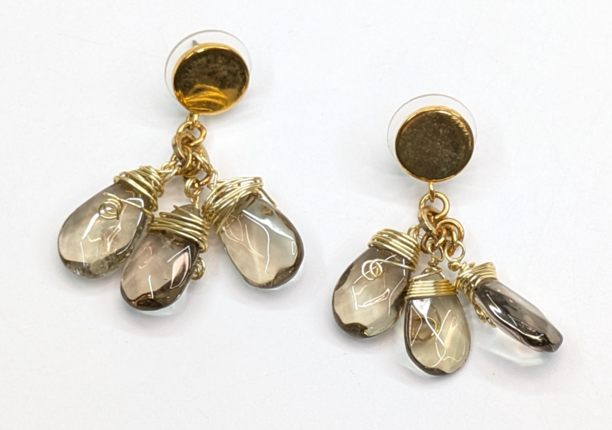 Gold Tone Wire Wrap Dangle Drop Smokey Quartz Pierced Earrings 1 5/8″