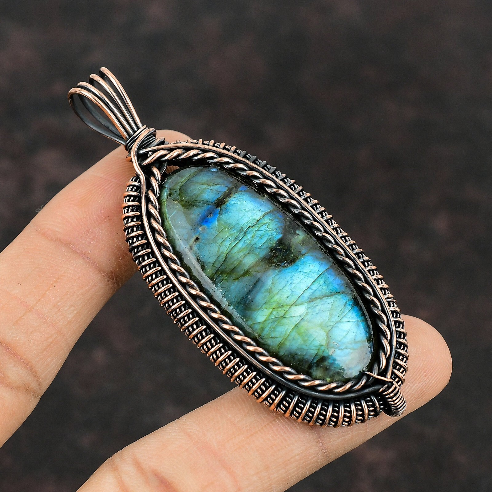 Labradorite Wire Wrapped Pendant Handcrafted Copper Holiday Jewelry 3.03″