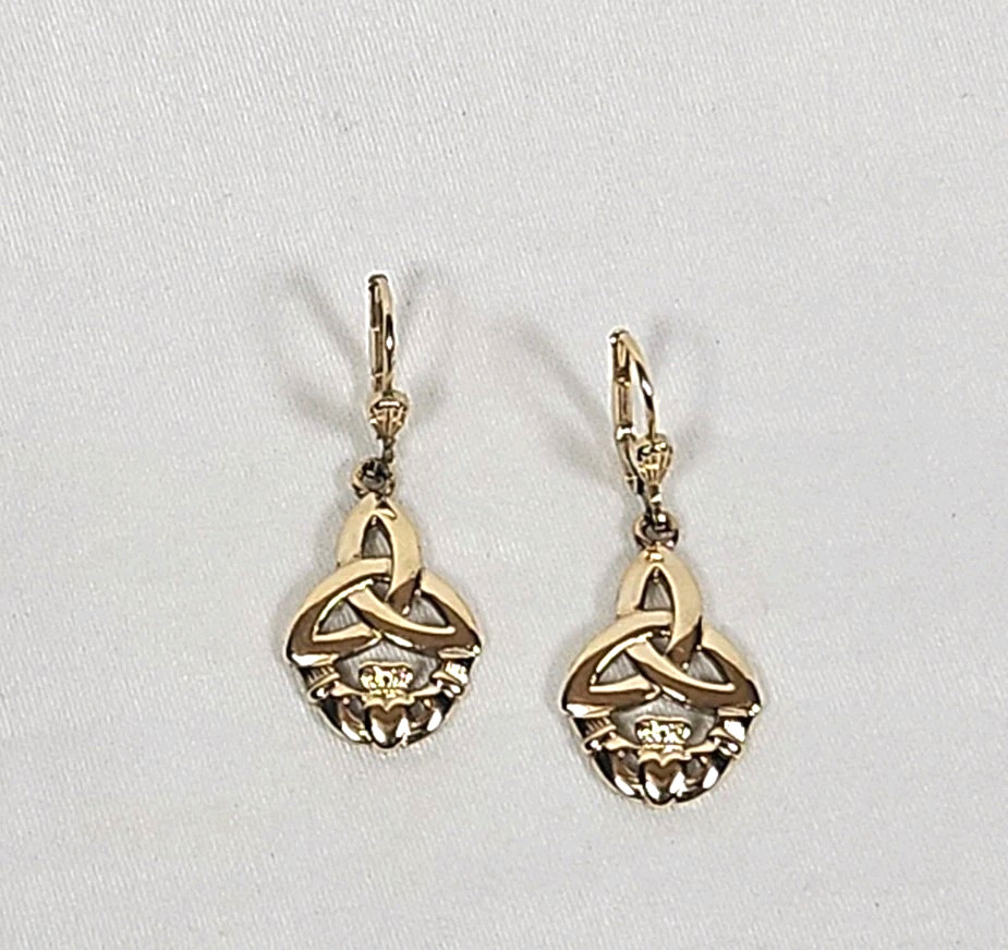 Triquetra Claddagh Earrings Celtic Dangle Drops Pierced Gold tone Signed Soldor