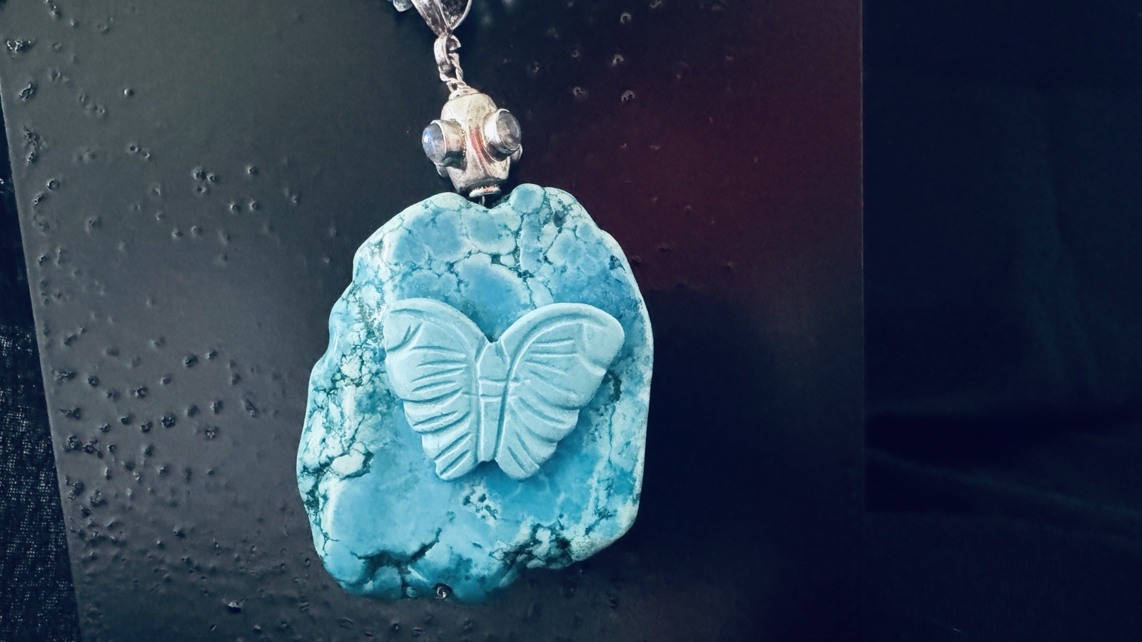 Southwestern Carved Turquoise Butterfly Pendant Necklace Heishi Bead Statement