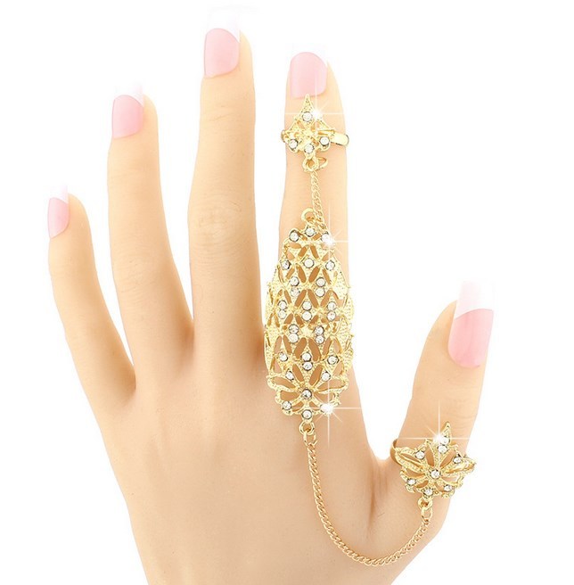 Gold Rhinestone Flower Hallow Slave Chain Link Flexible Rings Joint Fingers AK