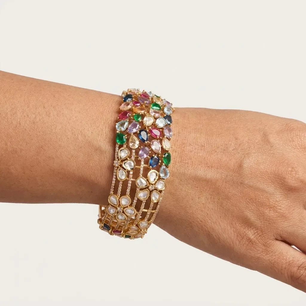 Multicolor Navratan Kundan Openable Kada Bracelet | Statement Cuff Bracelet