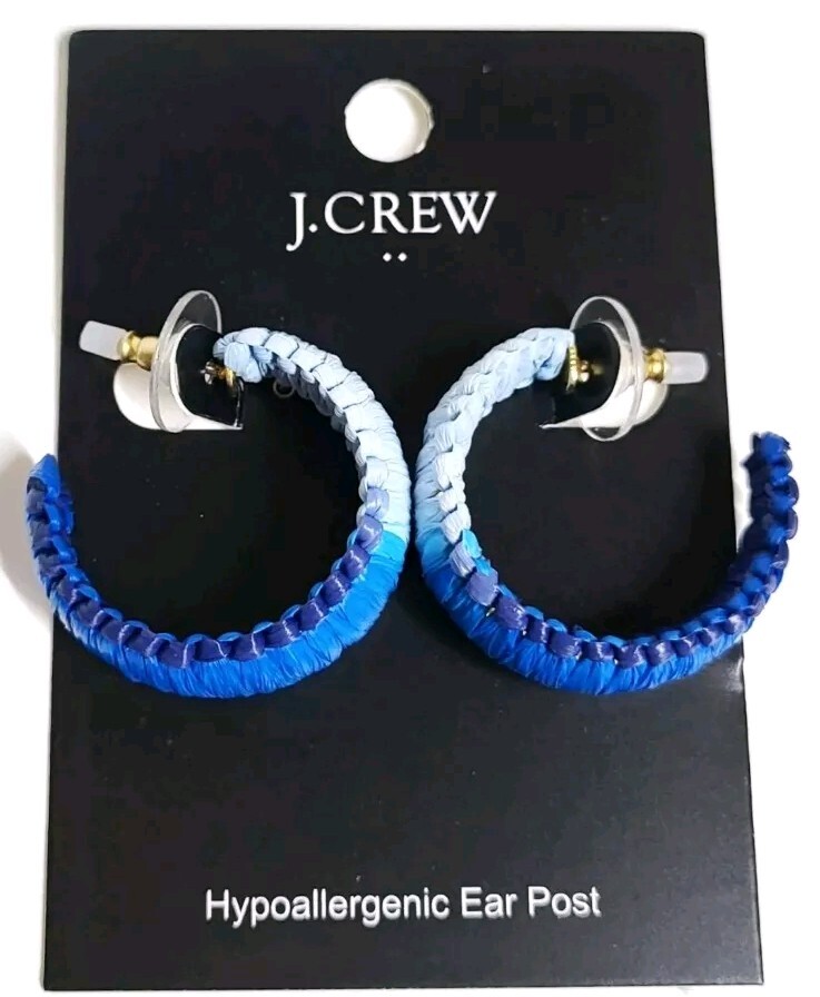 J.Crew Factory Raffia Wrapped Hoop Earrings Blue Ombre Multi Hypoallergenic NWT