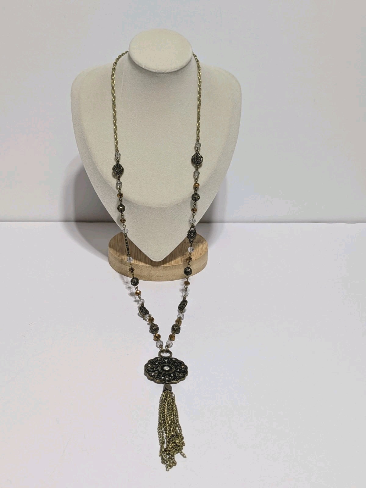 Gold Tone Y Drop Tassel Pendant Necklace With Acrylic Beads & Rhinestones 28″