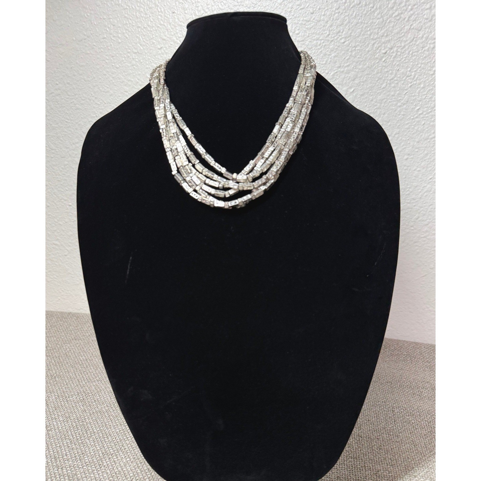 Chicos Necklace Womens OS Silver Multi Strand Statement Textured Layered Bead