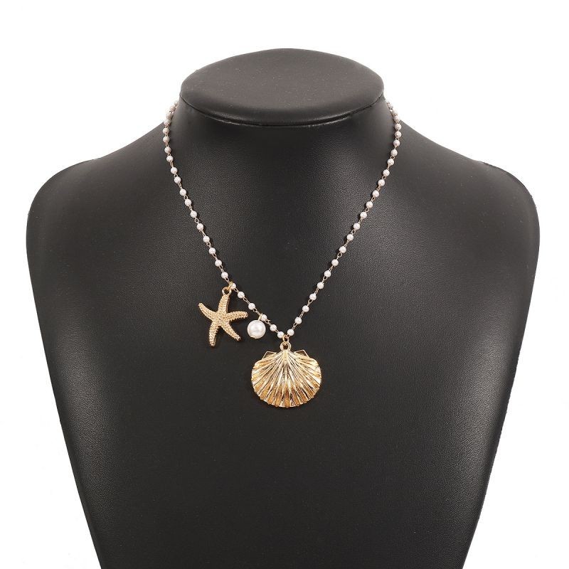 Seashell Starfish Pearl Necklace Triple Layered Beach Vacation Theme Cruise