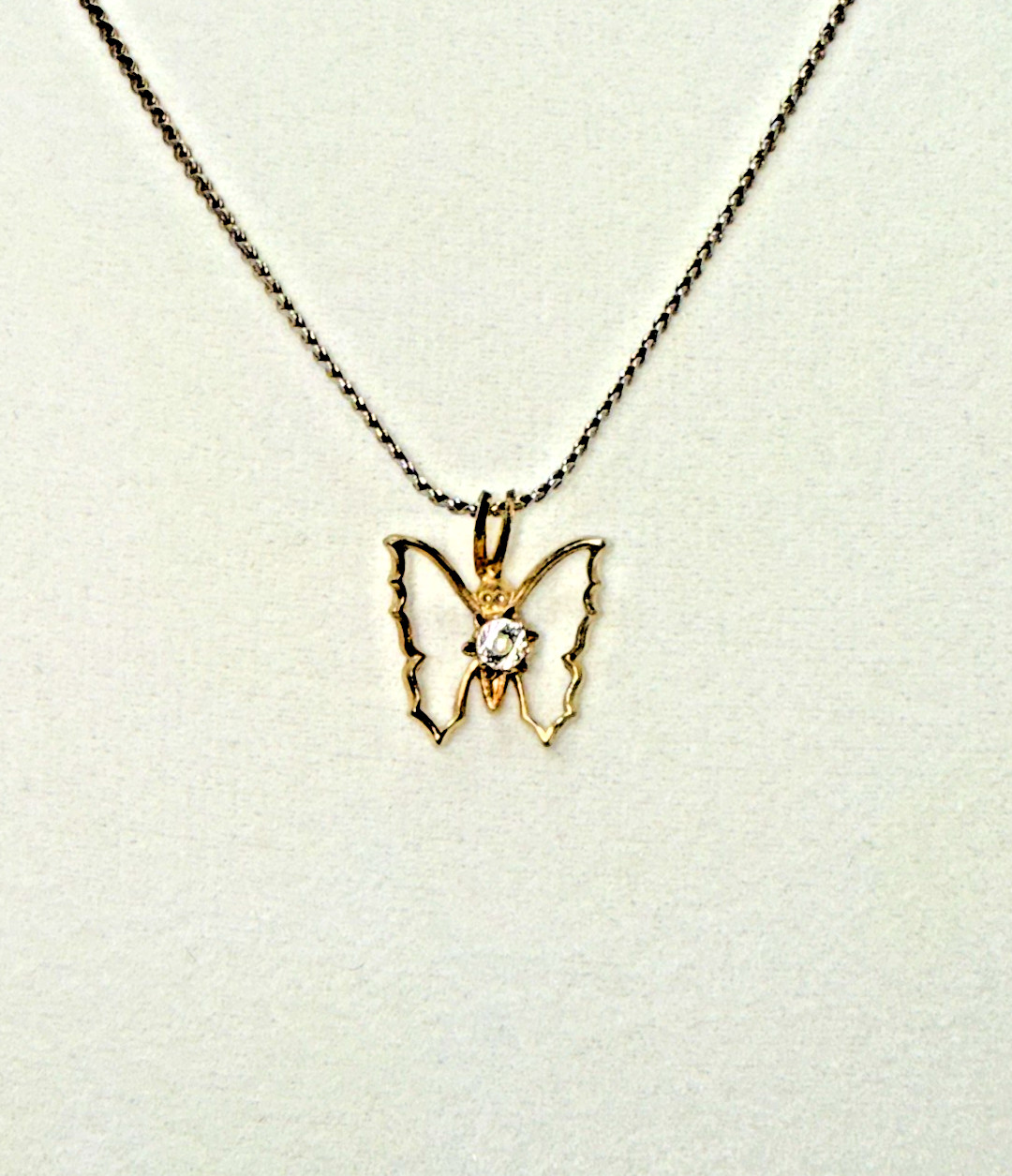 Vintage Gold Tone Clear Rhinestone Open Work Butterfly Pendant Necklace
