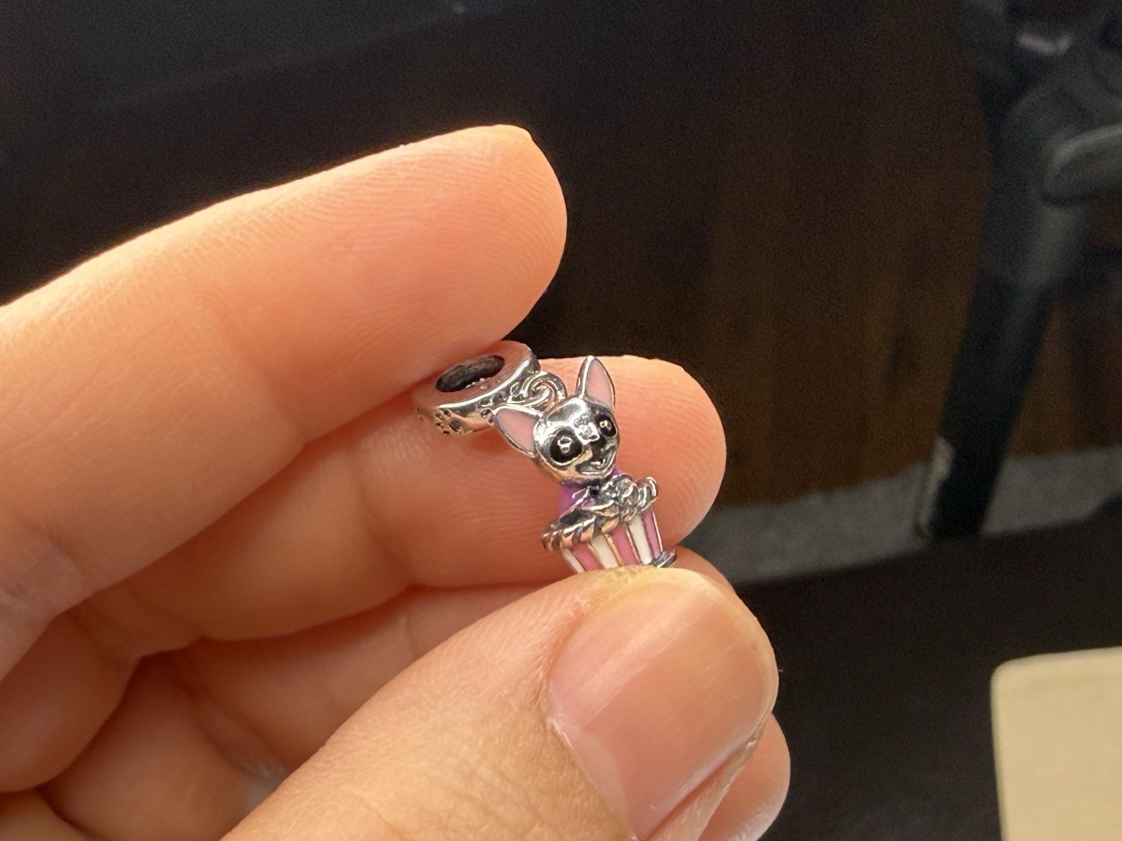 Silver Tone Dangle Animal Charm Pink & White Enamel Mouse Popcorn Bucket