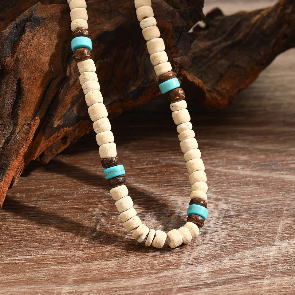 Natural Coconut Wood Necklace 19 Inch Round Bead Rope Chain Men Jewelry