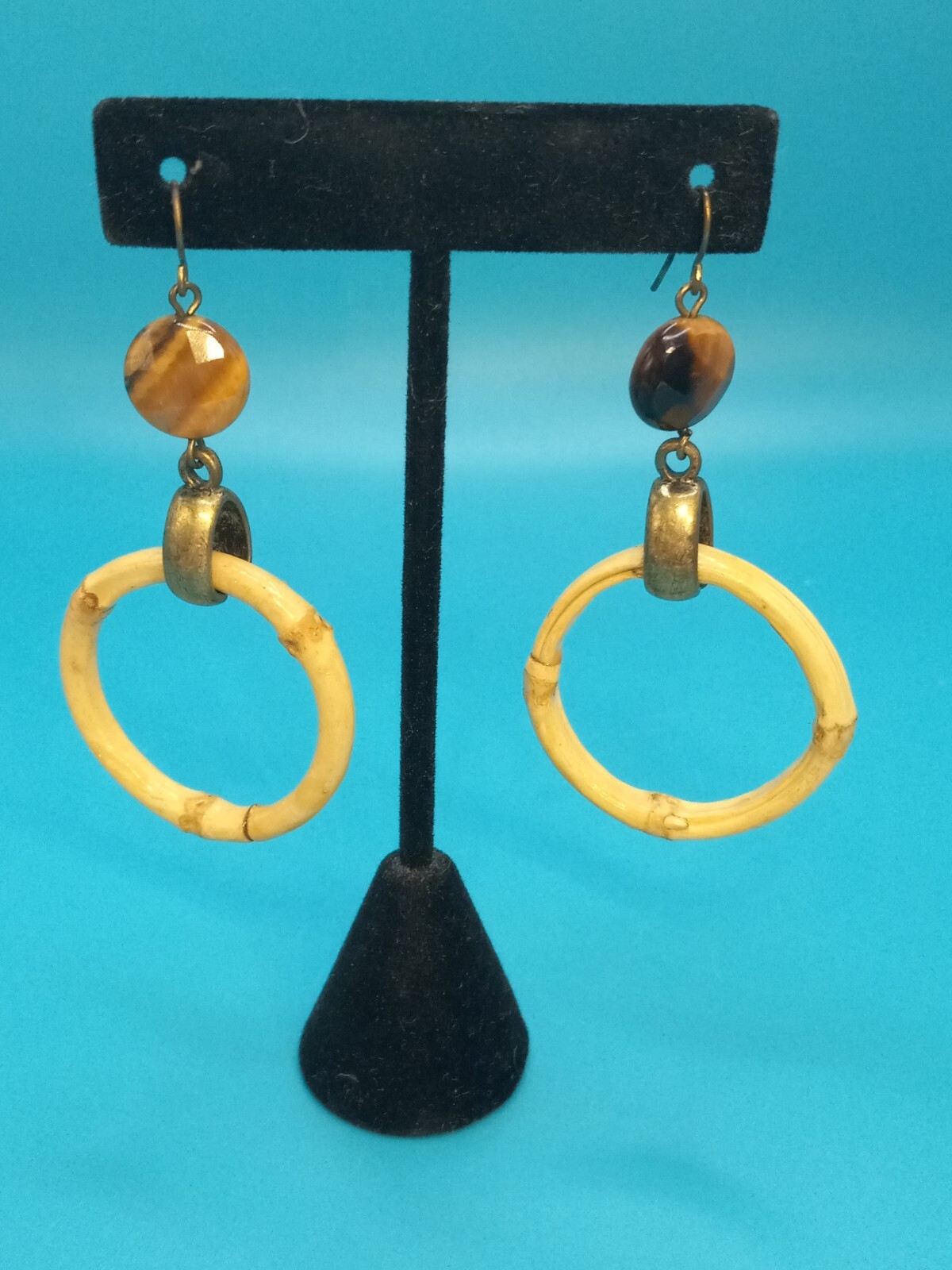 JUNGLE FEVER Genuine Tigers Eye & Natural Bamboo Dangle Hook Earrings