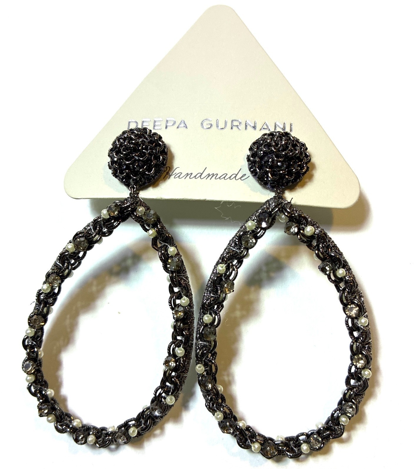 DEEPA GURNANI LUCINDA CRYSTAL PEARL IMITATION GUNMETAL DROP EARRINGS 3″ NEW NIB